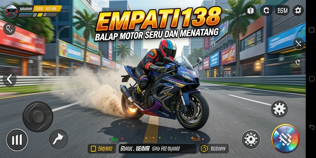Tampilan gameplay menakjubkan dari EMPATI138 saat pembalap melaju kencang.