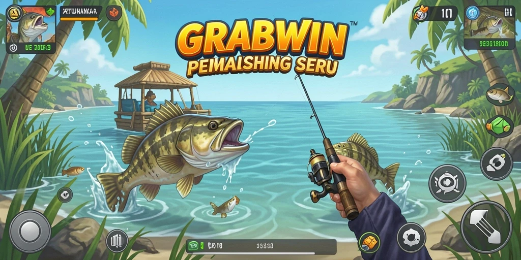 Tampilan menarik dari gameplay GRABWIN yang menampilkan memancing di alam terbuka.