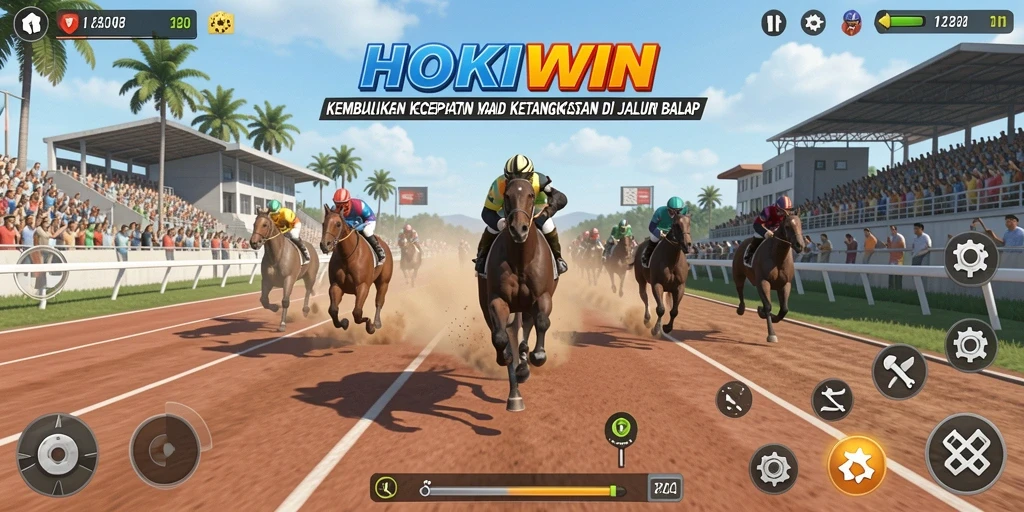 Screenshot gameplay HOKIWIN yang menampilkan aksi balap yang seru.