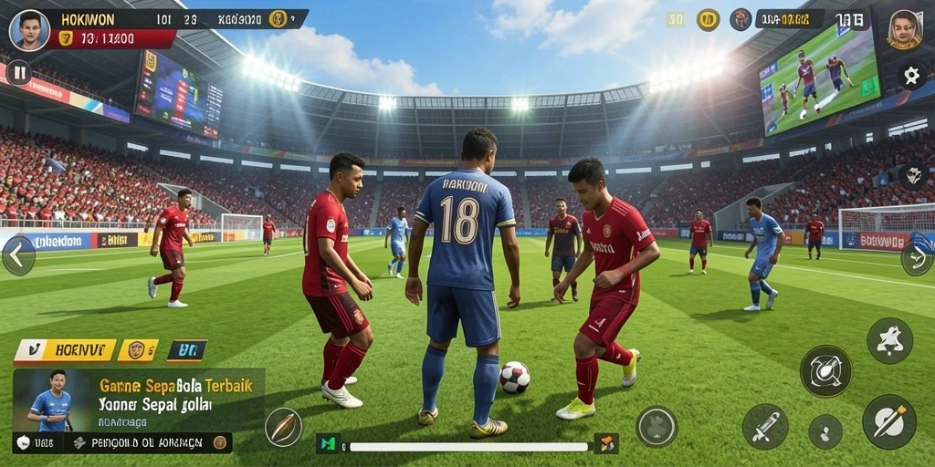 Screenshot utama HOKIWON menampilkan aksi mendebarkan di lapangan sepak bola.