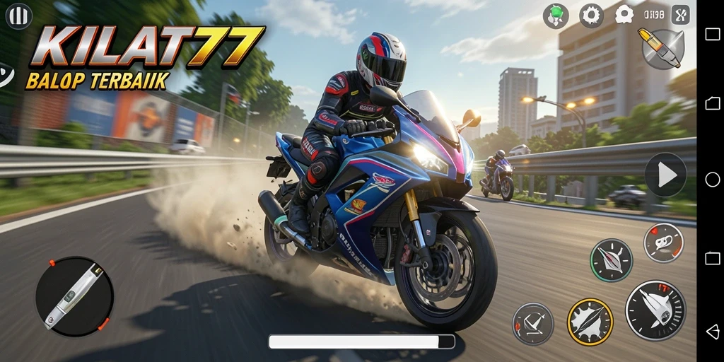 Screenshot gameplay KILAT77 menampilkan aksi balap motor yang intens.
