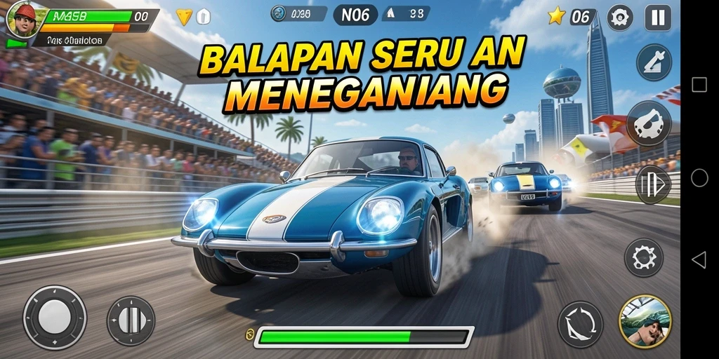 Tampilan gameplay seru N06 dengan mobil balap yang melaju kencang.