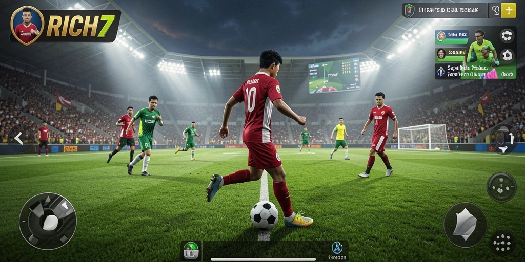 Tampilan gameplay RICH7 yang seru dalam pertandingan sepak bola.
