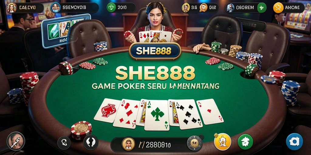 Tampilan gameplay seru dari SHE888 dengan suasana poker yang realistis.