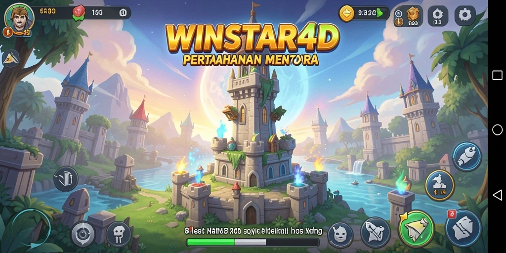 Gambaran menarik gameplay WINSTAR4D yang menampilkan menara pertahanan.