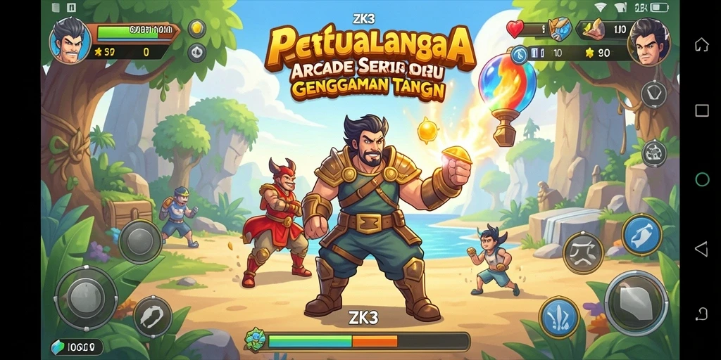 Screenshot gameplay ZK3 menampilkan aksi seru dalam level Arcade.